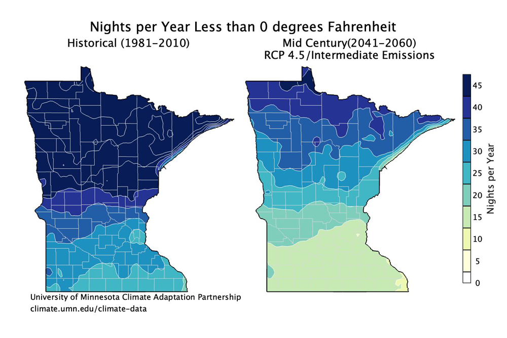The number of nights per year when minimum temperature has been or is projected to be below 0 degrees Fahrenheit. Historical conditions (1981-2010 average) are shown on the left. Projected conditions by mid century (2041-2060 average) under an intermediate (RCP 4.5) emissions scenario are shown on the right.