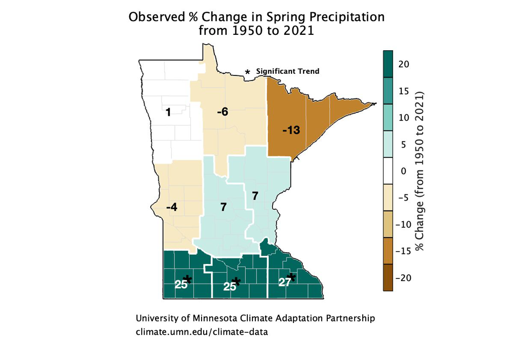 Observed change in spring precipitation from 1950 to 2021.