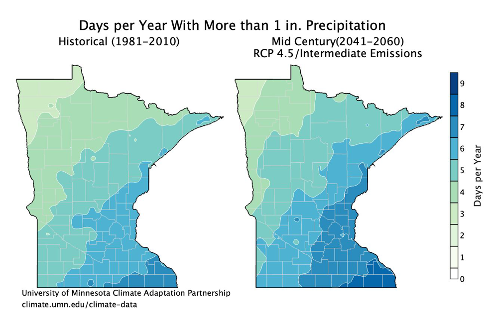 The number of days per year when precipitation has exceeded or is projected to exceed 1 inch. Historical conditions (1981-2010 average) are shown on the left. Projected conditions by mid century (2041-2060) under an intermediate (RCP4.5) emissions scenario are shown on the right.