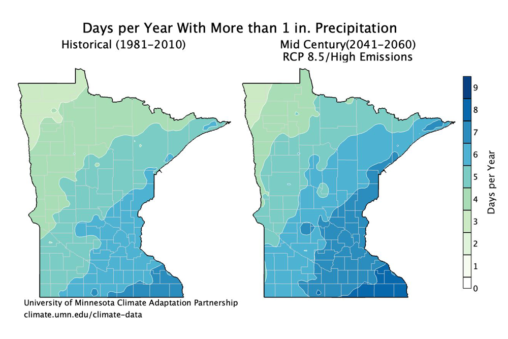 The number of days per year when precipitation has exceeded or is projected to exceed 1 inch. Historical conditions (1981-2010 average) are shown on the left. Projected conditions by mid century (2041-2060) under a high (RCP8.5) emissions scenario are shown on the right.