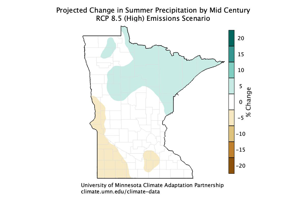 The projected change in summer precipitation by mid century (2041-2060 average) assuming a high (RCP 8.5) emissions scenario.