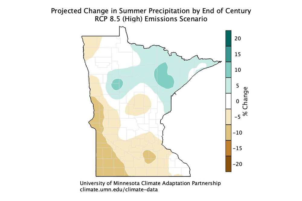 The projected change in summer precipitation by the end of the century (2081-2100 average) assuming a high (RCP 8.5) emissions scenario.