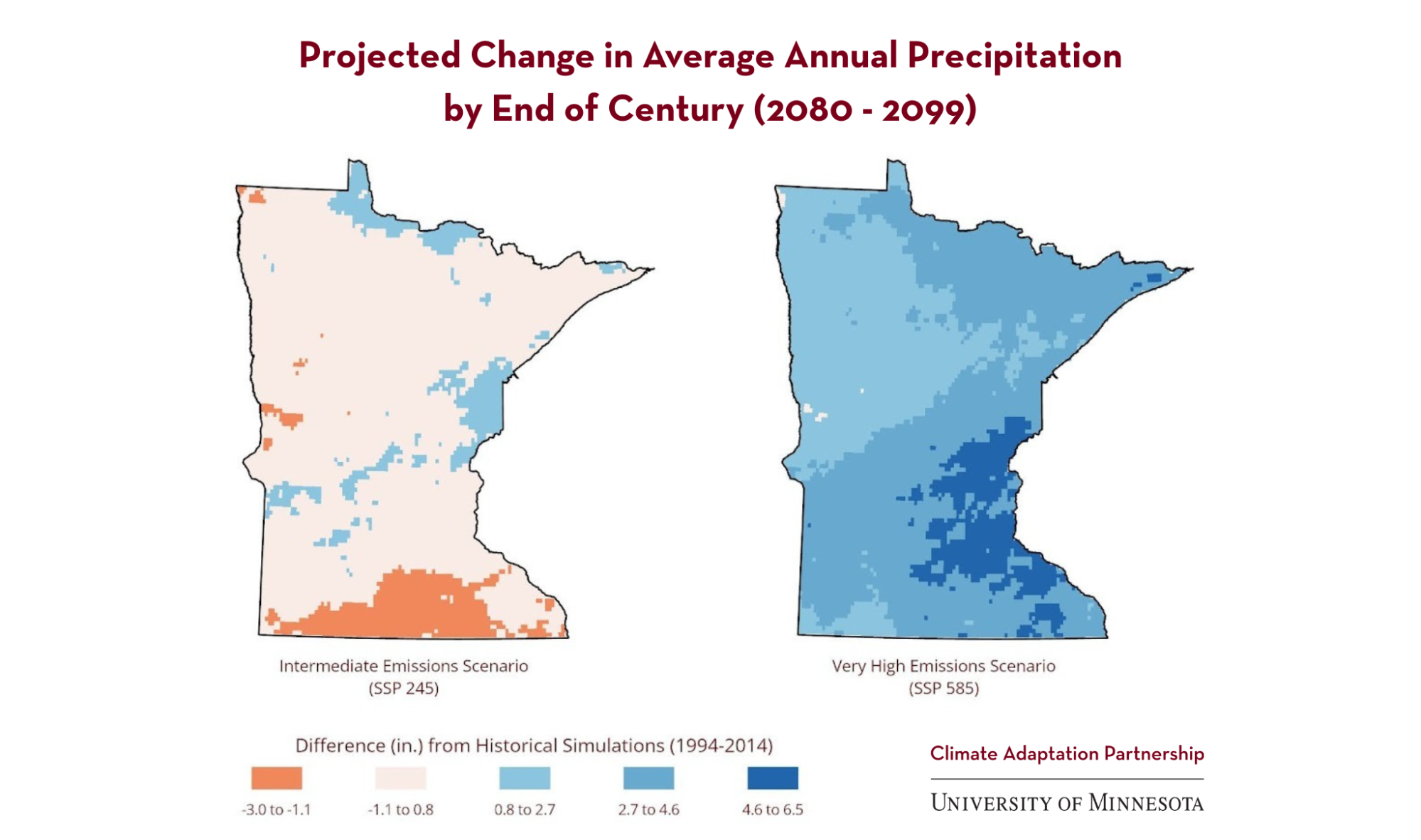 Figure - Projected change in annual average precipitation by end-of-century (2100) relative to historical (1995 - 2014) under an intermediate emissions scenario (SSP 245) and a very high emissions scenario (SSP 585).. Source: Liess, S., et al., 2023.