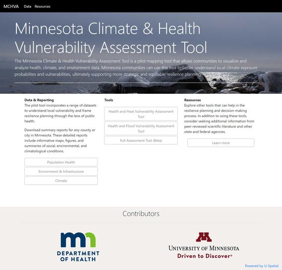 Screenshot of Minnesota Climate & Health Vulnerability Assessment Tool website