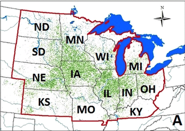 Map showing the states that are part of the U.S. Corn Belt